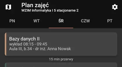 Zrzut ekranu aplikacji Plan WZIM